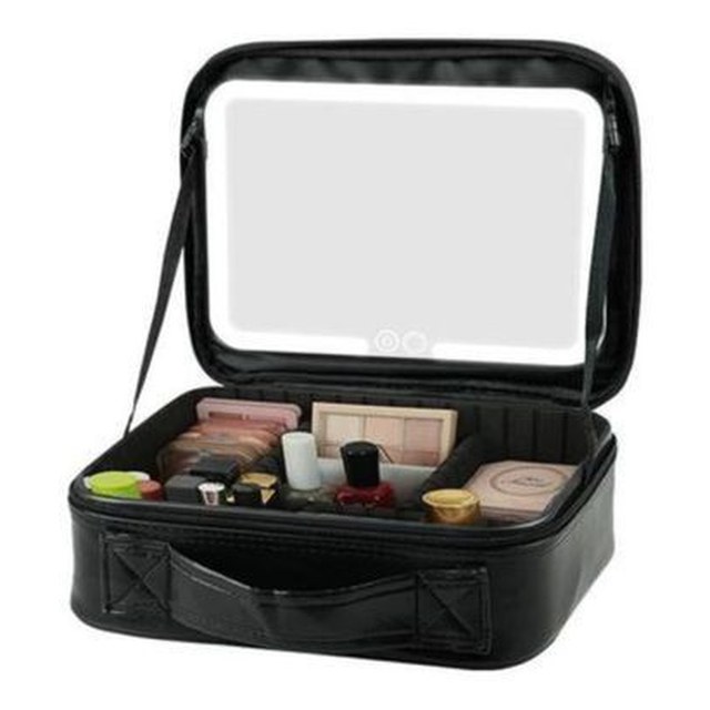 Necessaire Maquiagem Cosméticos Alça Espelho LED 12 Compartimentos Preto TOP RIO