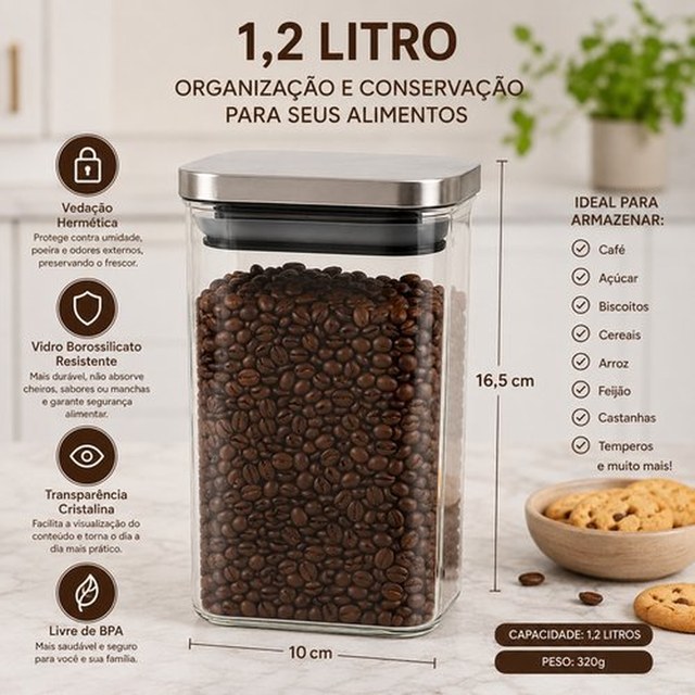 Pote Hermetico Retangular Vidro Tampa Inox Vedacao Segura Conservacao Alimentos 1,2 Litros