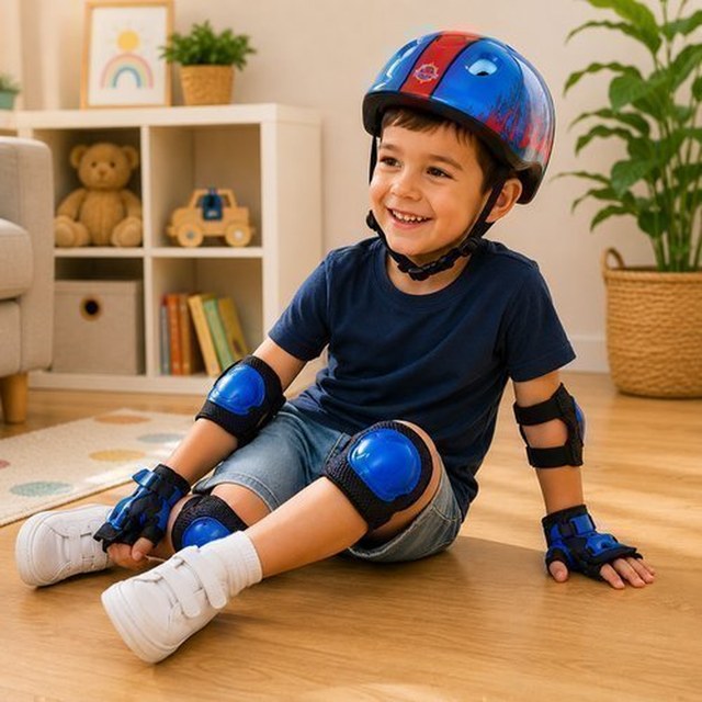 Kit Proteção e capacete Infantil Completo 7 peças -  azul e vermelha